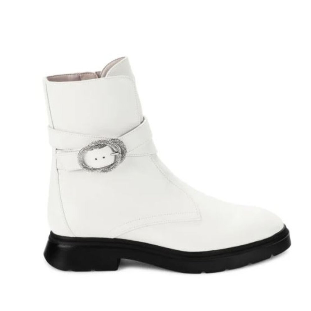 Stuart Weitzman Crystal Buckle Leather Ankle Boots - White (Size 8) - Like New